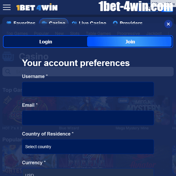 Registro de cuenta en 1bet4win